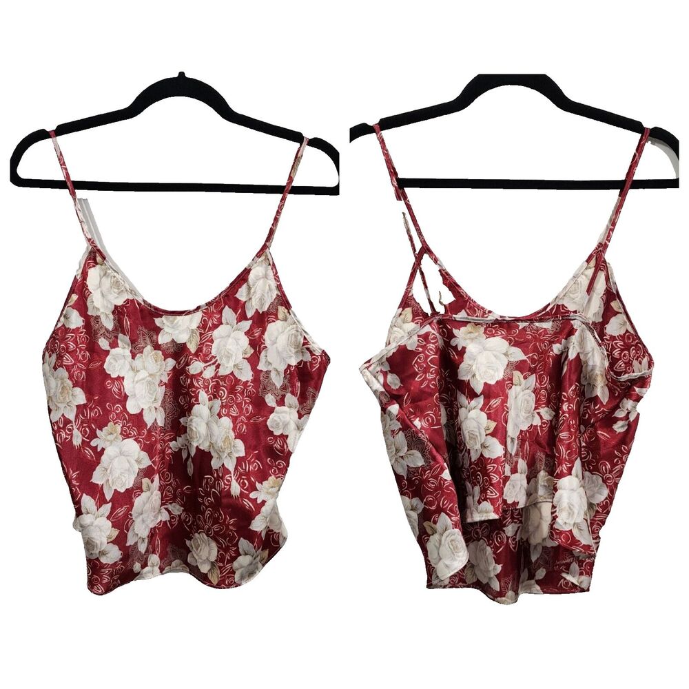 Vintage 90s Anne Stuart Red White Floral Silky Satin Camisole Tank Womens Size L